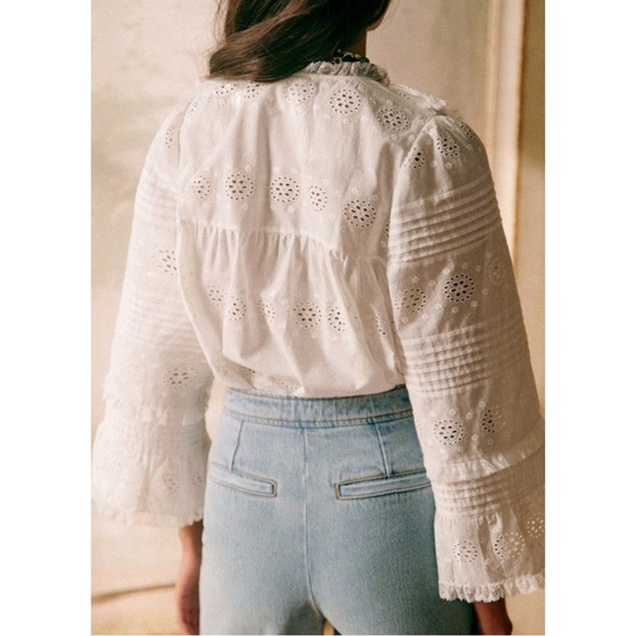 SEZANE White Floral Eyelet Embroidered Pleated Lace Ruffle Bell Sleeve Nele Top - Picture 14 of 17